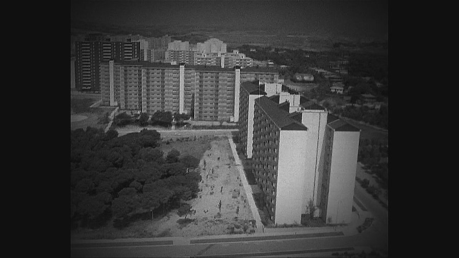 Imagen aérea antigua en blanco y negro mostrando bloques de apartamentos en filas, con áreas verdes entre ellos.  Aspecto granulado.