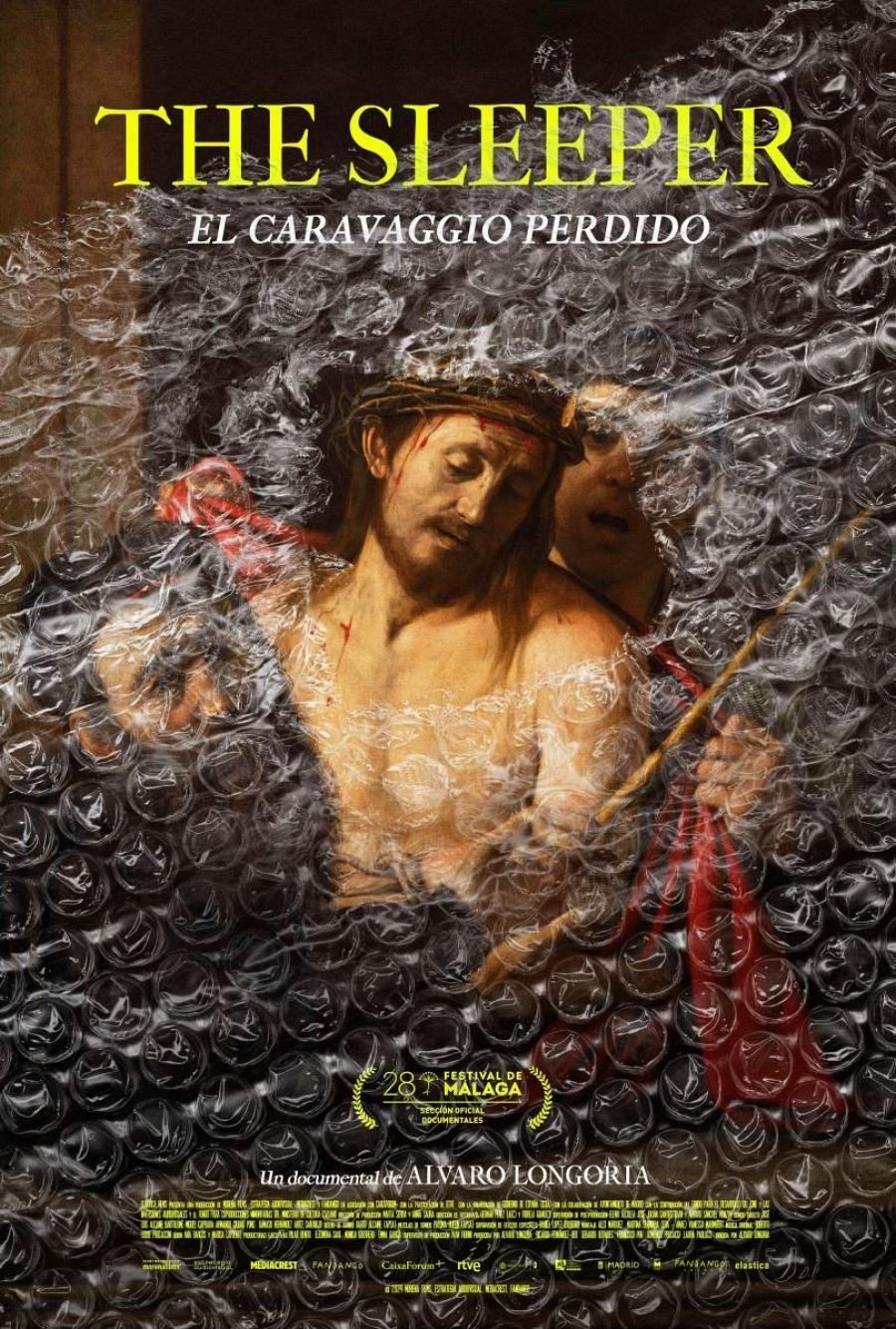 Cartel de documental mostrando pintura religiosa dañada, protegida con plástico de burbujas.  Dirección: Álvaro Longoria.  Logo del 28º Festival de Málaga.