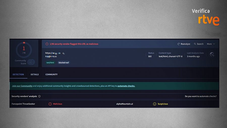 Resultado del análisis de la URL con la herramienta Virus Total