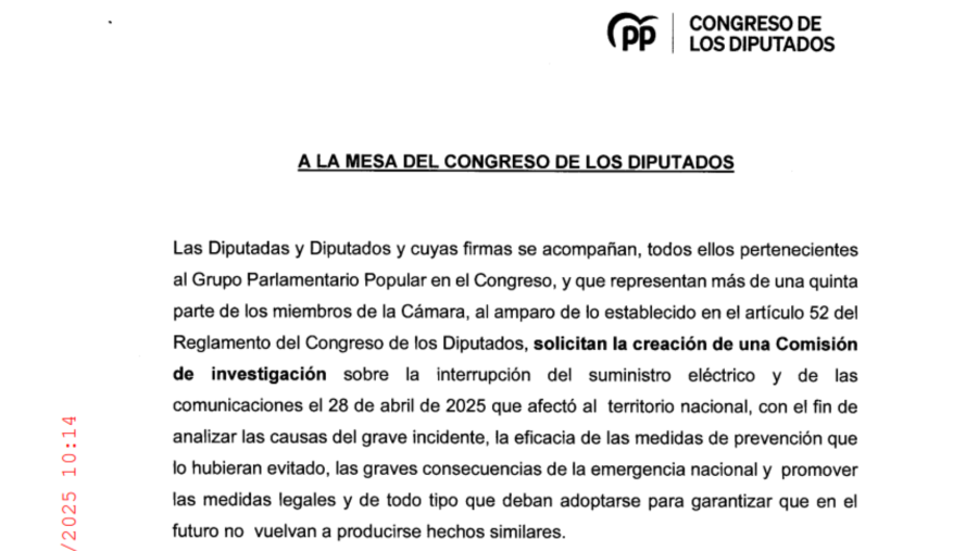 Solicitud del PP para la creación de la comisión de investigación sobre el apagón en el Congreso