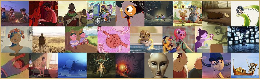 Collage de escenas de dibujos animados con diversos estilos, personajes (animales, niños, figuras fantásticas) y escenarios (cotidianos y surrealistas), mostrando momentos tiernos y de acción.