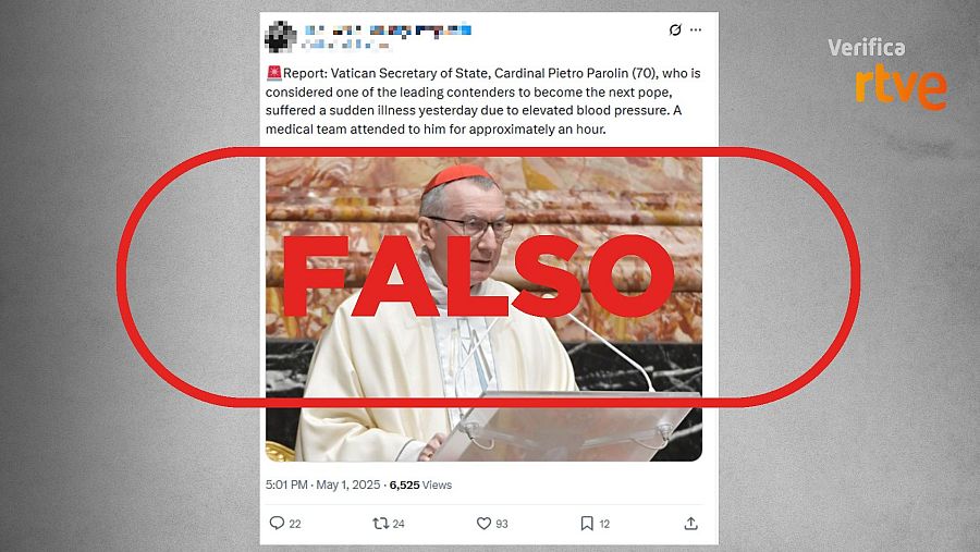 Mensaje que difunde la falsa idea de que Pietro Parolin ha sufrido una enfermedad repentina