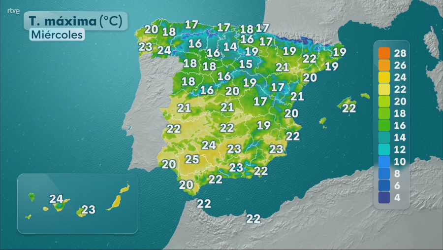 Mapa de España con temperaturas máximas previstas para el miércoles 7 de mayo, entre 4°C y 28°C.  Se aprecian variaciones regionales.