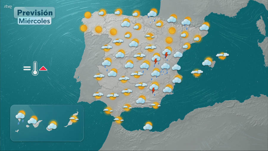 Mapa meteorológico de España para el miércoles 7 de mayo, mostrando sol en el oeste, nubes en el este y posibles tormentas.  Islas Canarias con sol, nubes y lluvia.
