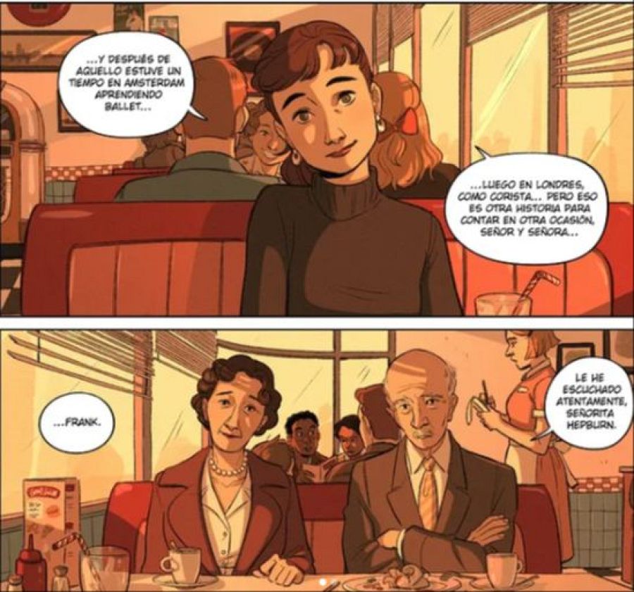 Viñetas de cómic: una joven cuenta su pasado en Amsterdam y Londres; luego, mayor, conversa con una pareja en un restaurante donde una camarera la reconoce.