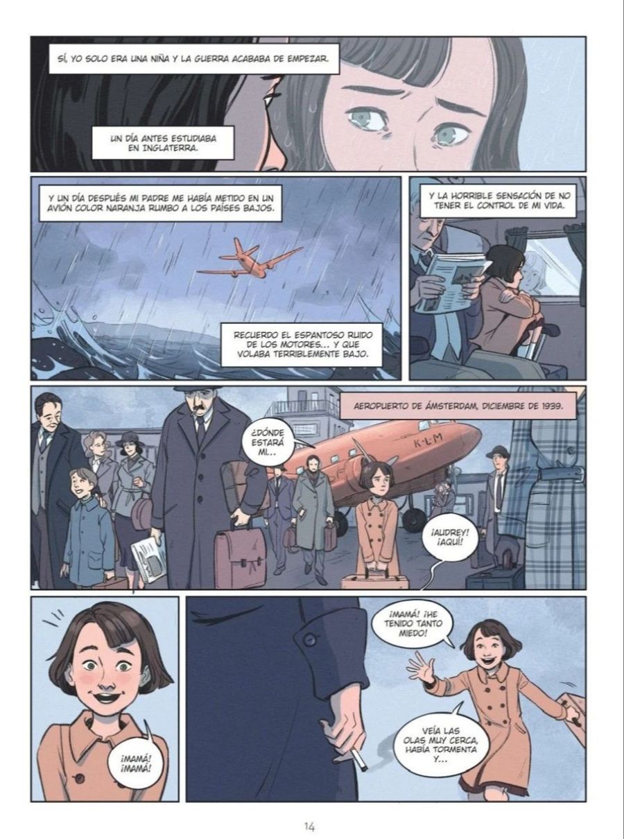 Niña huye en avión durante la guerra; viñetas muestran su miedo, el viaje bajo sobre el mar, llegada a Ámsterdam y emotivo reencuentro con su madre.