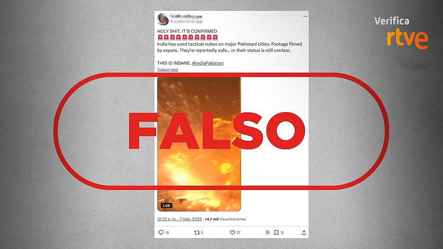 Mensaje que difunde un vídeo antiguo y lo presenta como un ataque actual entre India y Pakistán