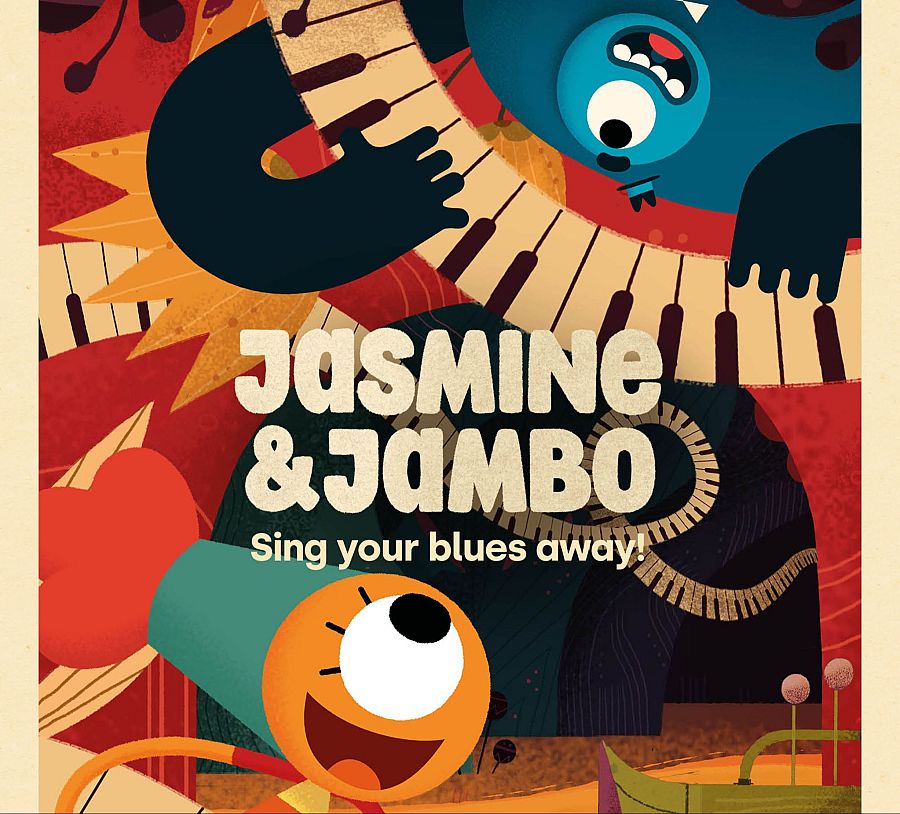 Cartel animado con dos personajes, uno azul tocando un piano y otro naranja cantando.  Eslogan: 