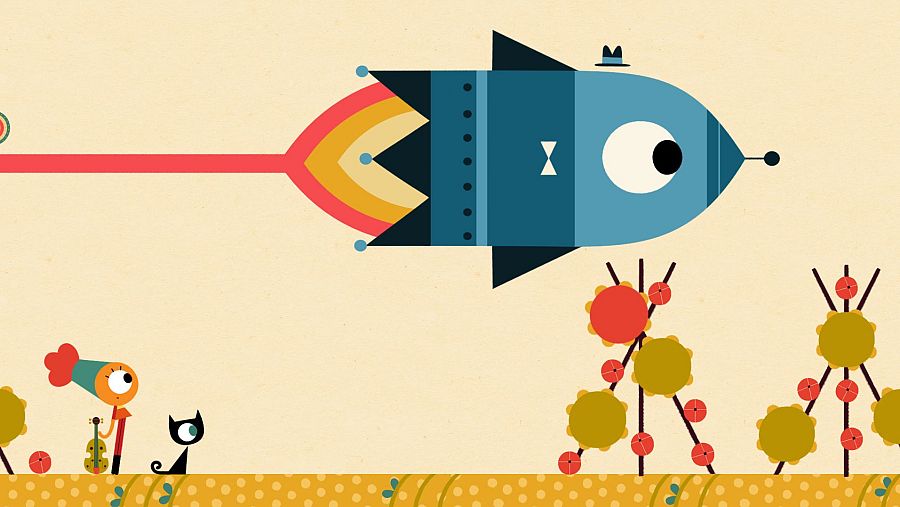 Cohete azul con ojo y sombrero, observado por un personaje con sombrero rojo y naranja y un gato negro sobre suelo amarillo. Escena de dibujos animados.