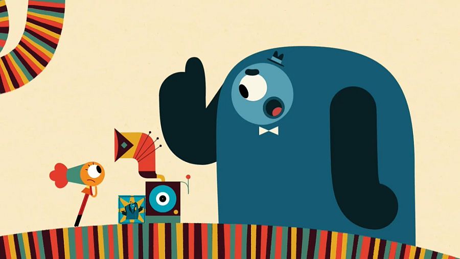 Jambo, personaje azul con sombrero y pajarita, señala mientras Jasmine, personaje naranja, observa un gramófono. Fondo con franjas.