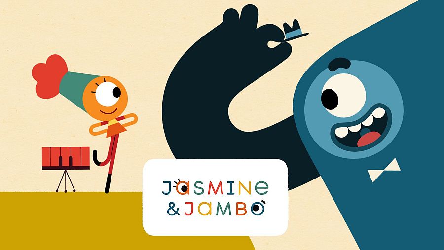 Fotograma de dibujos animados mostrando a dos personajes: uno naranja con sombrero y otro azul gigante. Un xilófono rojo está en el fondo.