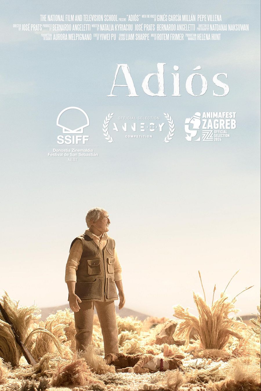 Póster de animación: hombre mayor en paisaje árido, mirando un agujero.  Incluye créditos de director, productor, guionista y equipo técnico, además de logos de festivales.