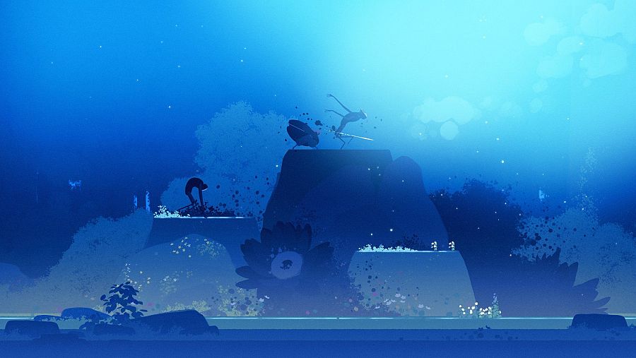 Escena de acción en videojuego: personaje humanoide lucha contra criatura alada en entorno azul con elementos naturales estilizados.