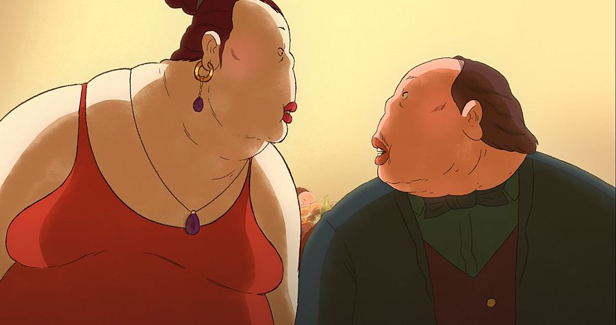 Dos personajes, un hombre en traje oscuro y una mujer con vestido rojo, conversan en un fotograma de 'Buffet Paraíso'.  Ambiente cálido, fondo con mesa de comida.