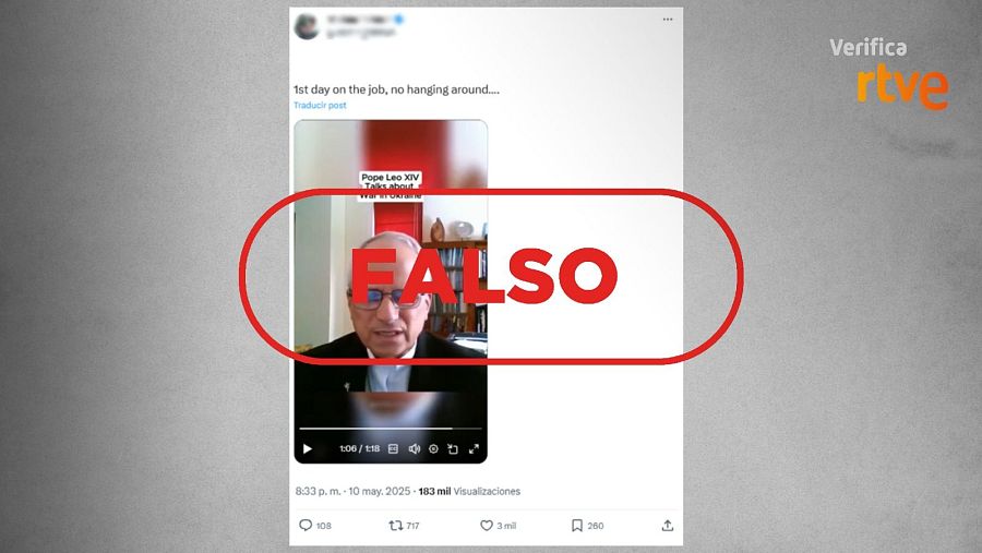 Mensaje que difunde un vídeo antiguo y lo presenta como una entrevista actual del nuevo pontífice