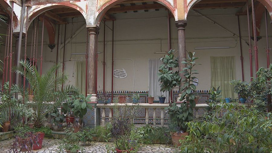Arcos, columnas y techo de madera deteriorado en un patio interior.  Barandilla con azulejos y plantas en macetas.  Aspecto de rehabilitación.