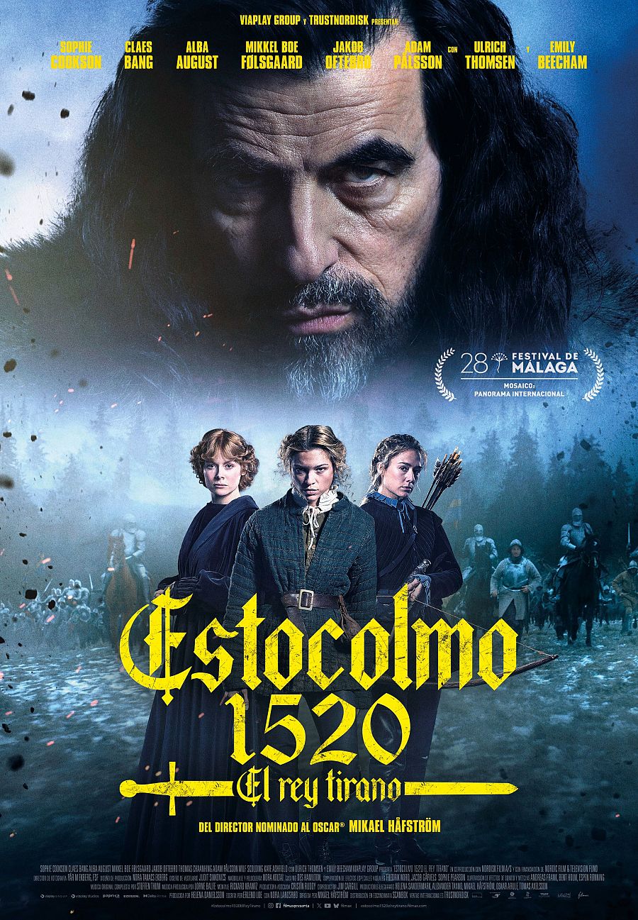 Cartel de película histórica con actor principal en primer plano, expresión seria y vestuario de época. Tres actrices acompañan al protagonista, con fondo que sugiere una batalla.