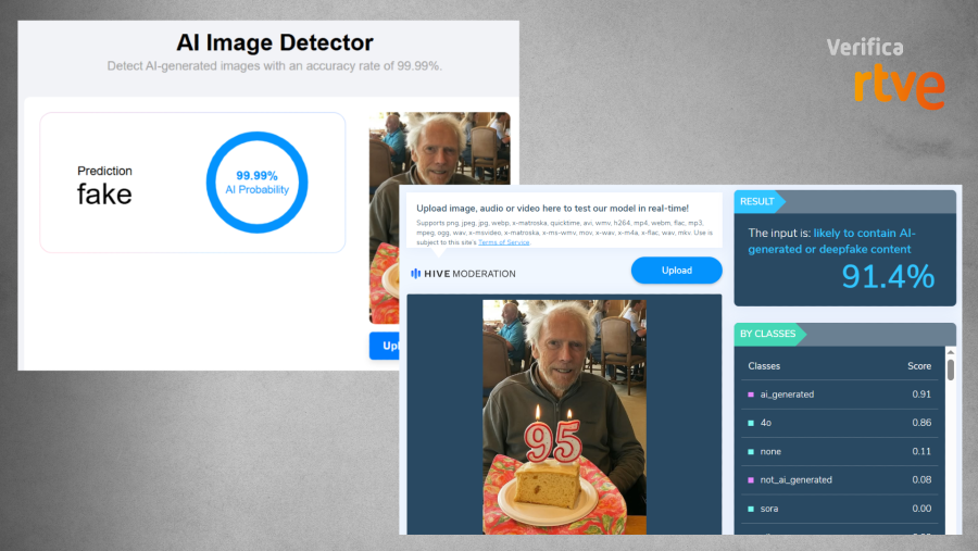 Resultado que ofrece la herramienta Decopy.ai y Hive sobre la foto falsa de Clint Eastwood