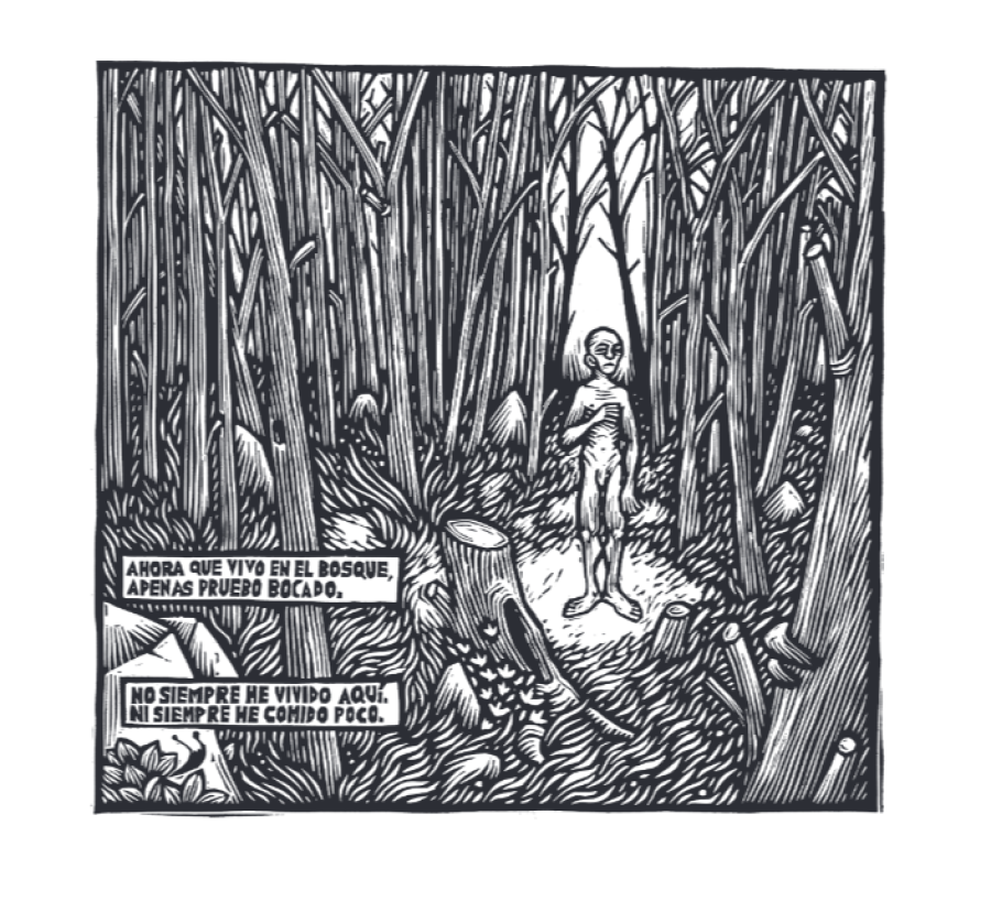 Figura humana delgada y desnuda en un bosque, con dos bocadillos de texto que aluden a la falta de comida y a un pasado distinto.
