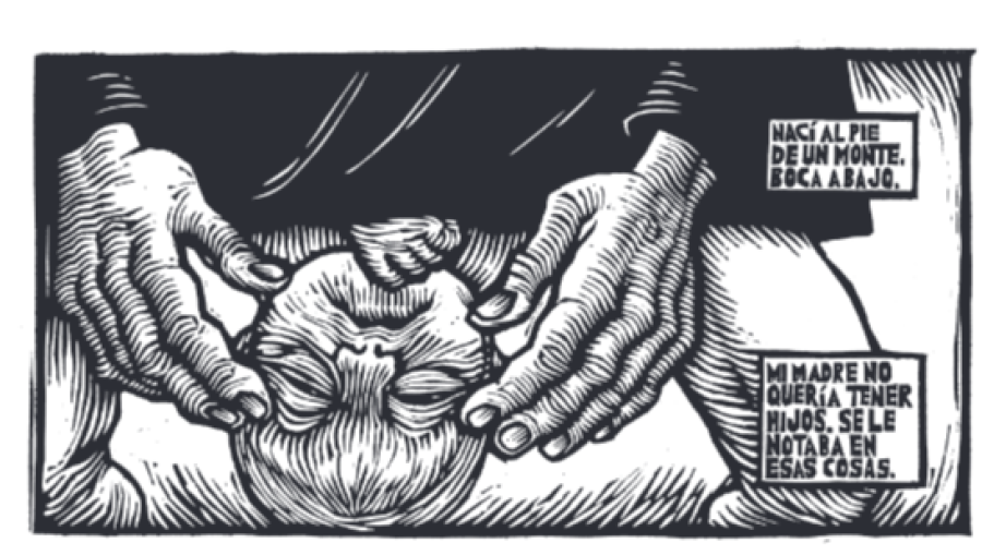 Ilustración en blanco y negro de dos manos sujetando la cabeza de un bebé boca abajo, con textos que sugieren un nacimiento no deseado.