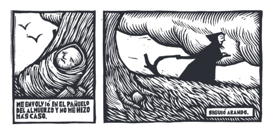 Viñetas en blanco y negro: bebé abandonado, figura arando.  Textos: 