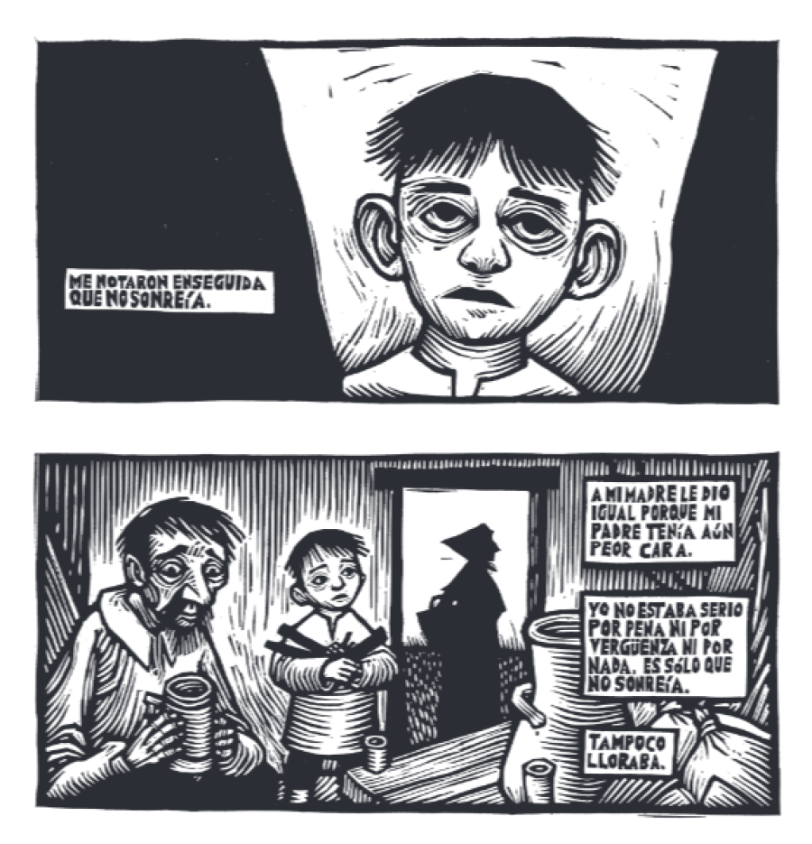 Viñetas de cómic: niño serio en cama y luego de pie con padres preocupados. Textos describen la reacción familiar y la explicación del niño sobre su expresión.