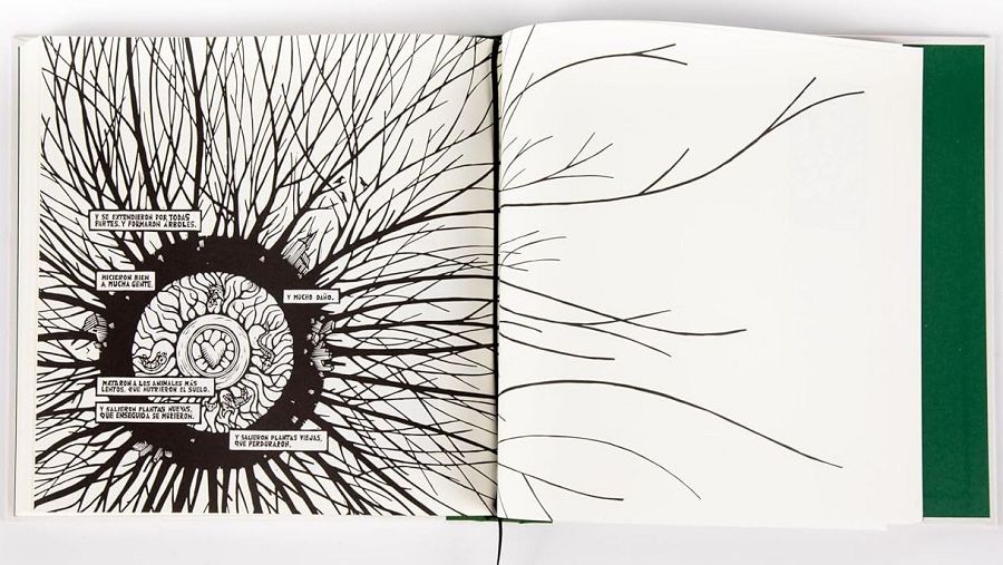 Ilustración en blanco y negro con red de líneas desde un círculo central con un corazón y recuadros de texto con frases como 