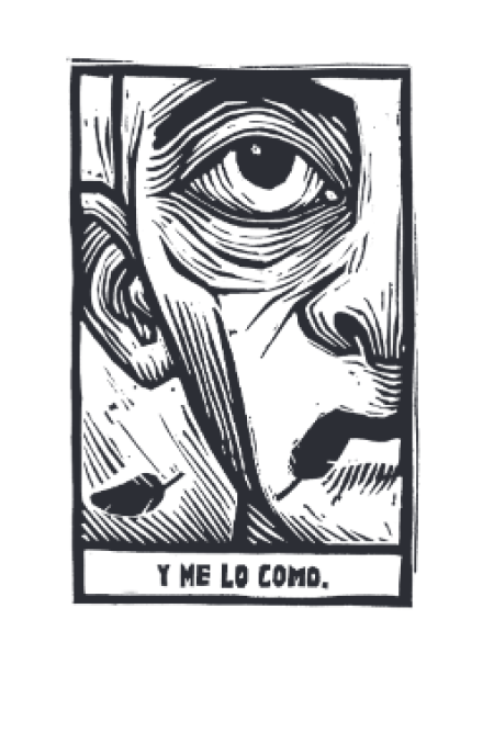 Grabado en blanco y negro de un rostro con mirada intensa; texto 