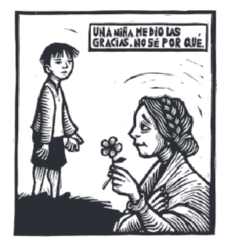 Mujer mayor con flor y niño observándola.  Pensamiento de la mujer: 