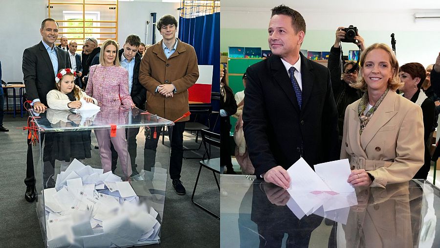 Los candidatos Nawrocki (izq) y Trzaskowski (dcha) depositan sus votos acompañados por sus esposas e hijos (en el caso del primero)
