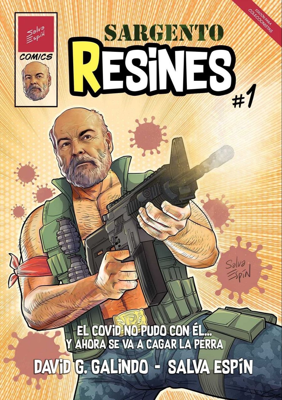 Portada de cómic con personaje musculoso, armado y rodeado de virus.  Créditos a David G. Galindo y Salva Espín. Edición coleccionista.