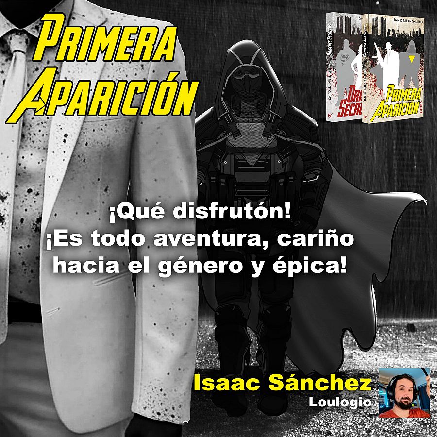 Imagen en blanco y negro publicitando un cómic, mostrando un personaje futurista bajo la lluvia y una reseña positiva con la firma de Isaac Sánchez.