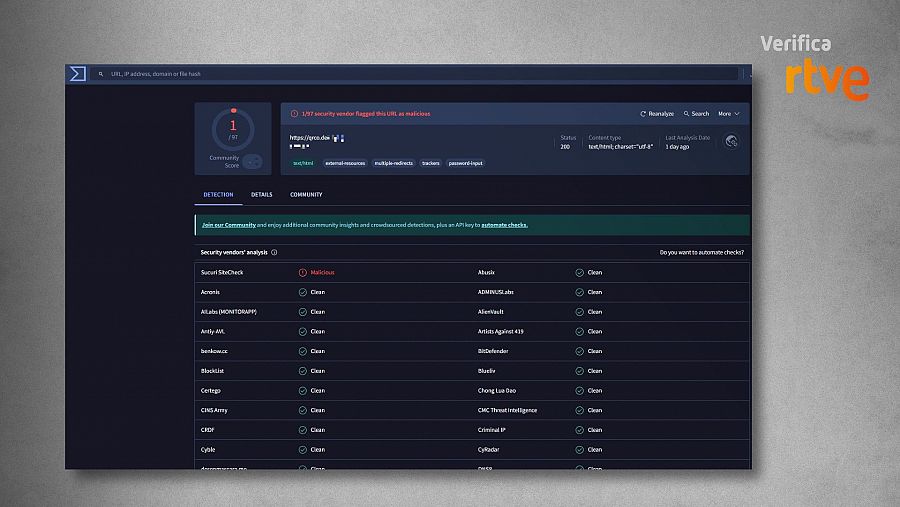 Resultado de la herramienta VirusTotal