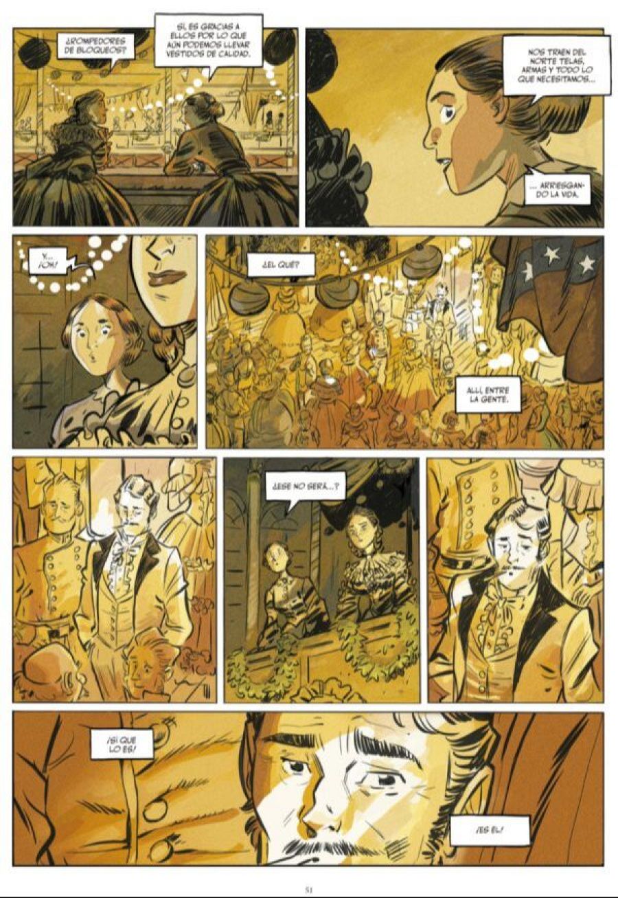 Viñetas de un baile con conversaciones sobre escasez y la llegada de suministros del norte, creando tensión.  Un personaje misterioso causa sorpresa entre los asistentes.