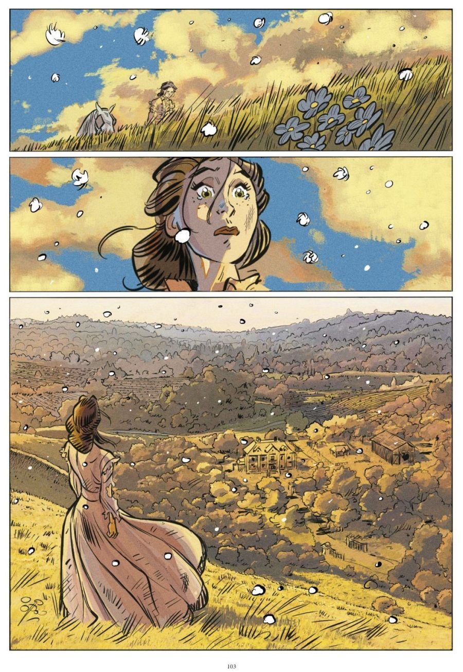 Viñetas de cómic: caballo, rostro femenino triste, paisaje con casa.  Atmósfera nostálgica, puntos blancos flotando en el aire.