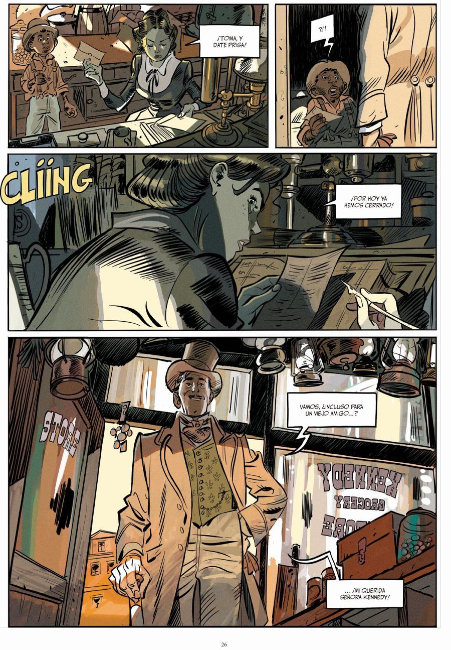 Tres viñetas de cómic: entrega de carta, mujer escribiendo y hombre en una tienda 'Kennedy Grocery'.