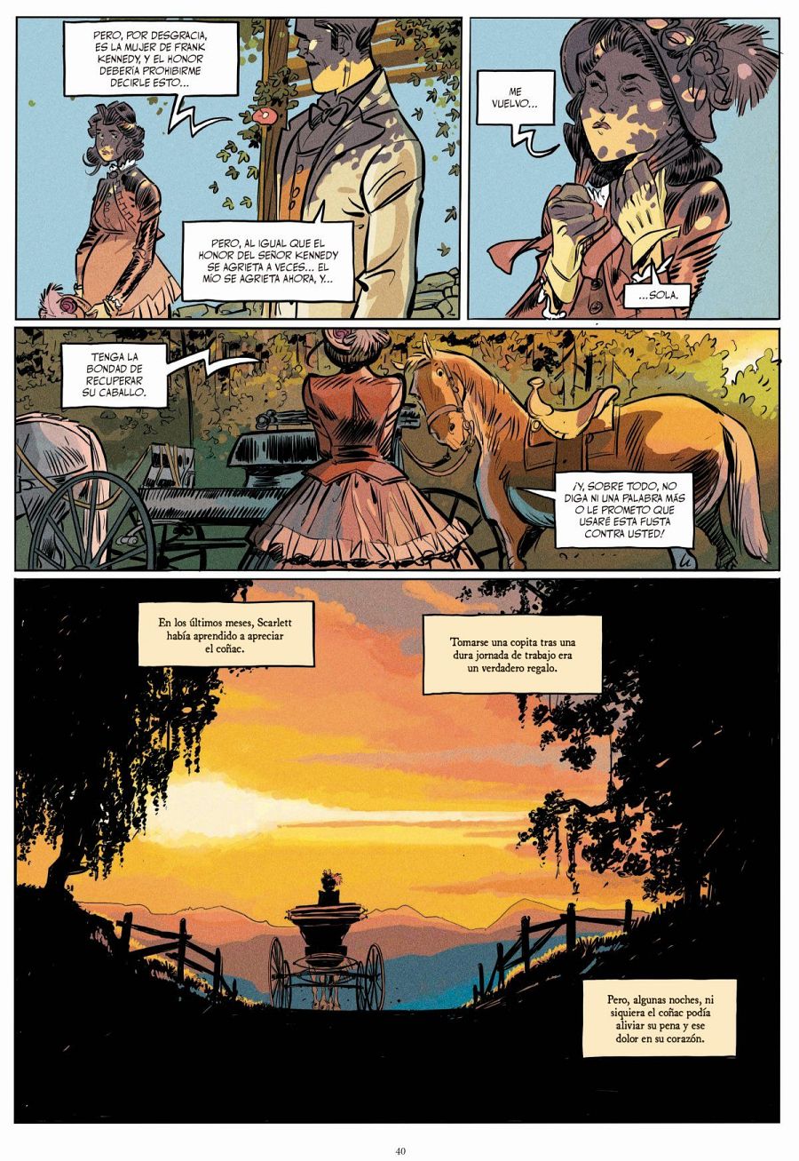 Viñetas de un cómic mostrando una conversación interrumpida, una mujer recuperando su caballo y amenazando a un hombre, y finalmente, la mujer reflexionando sobre el coñac y su dolor.