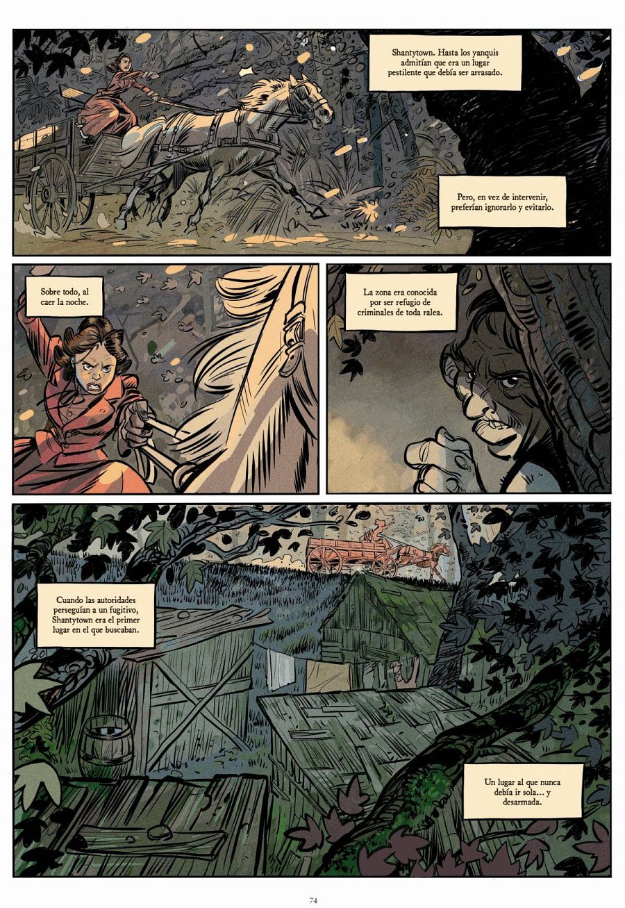 Mujer en peligro, viaja en carreta por un lugar peligroso de noche.  Cómic europeo. Ambiente tenso.