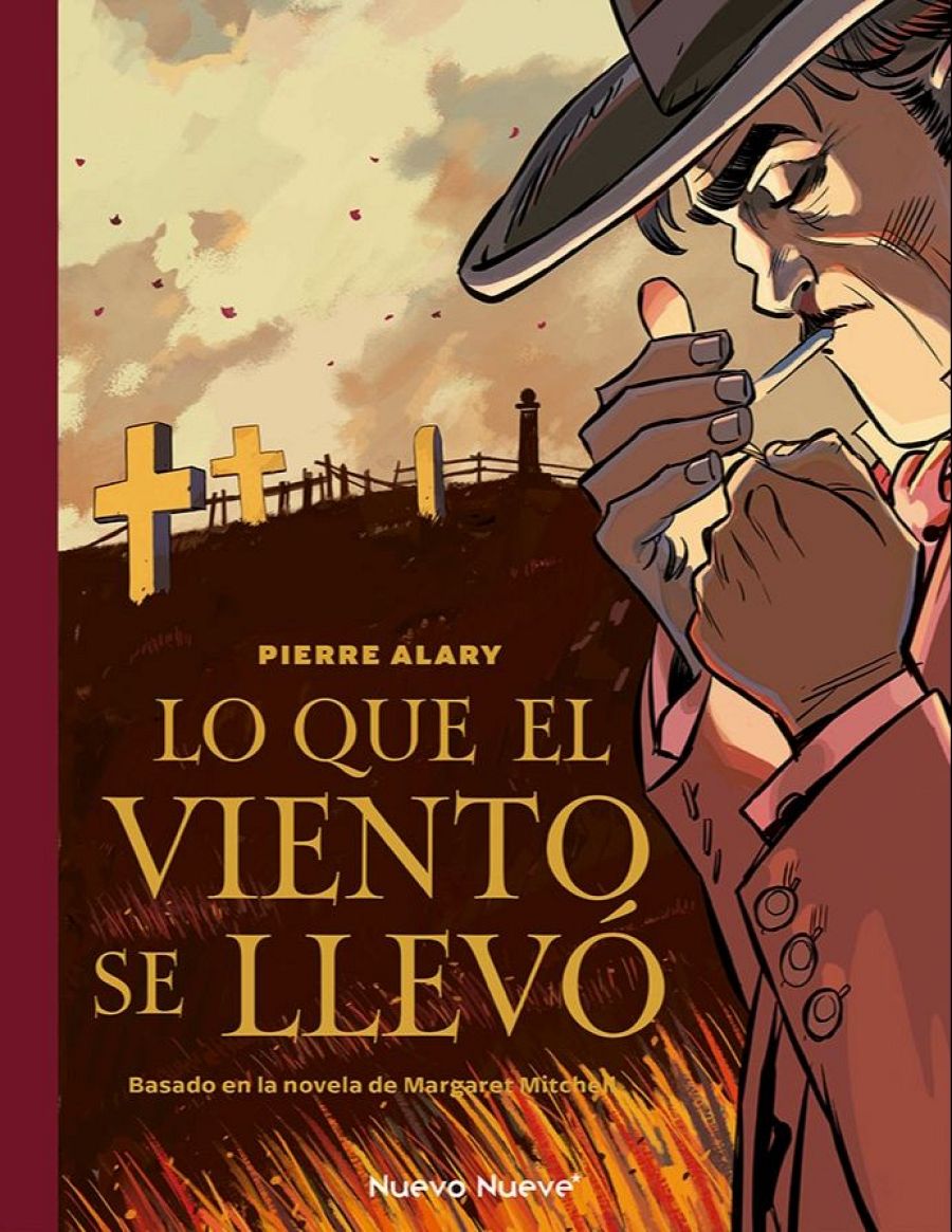Ilustración de la portada de un cómic: hombre con sombrero fumando, fondo con fuego y estructuras en un cielo anaranjado.