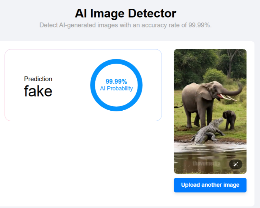 Detector de imágenes IA: predice con 99.99% de probabilidad que una imagen de un elefante, una cría y un cocodrilo es falsa.