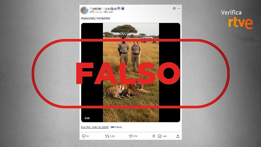 Desmentido de Verifica RTVE a un vídeo falso de 5 segundos con dos tigres y personal uniformado, generado con IA.  Etiquetado como 