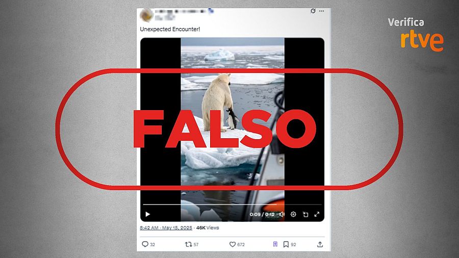 Vídeo viral de un oso polar y un pingüino juntos, marcado como FALSO por RTVE.  Posiblemente generado por IA.