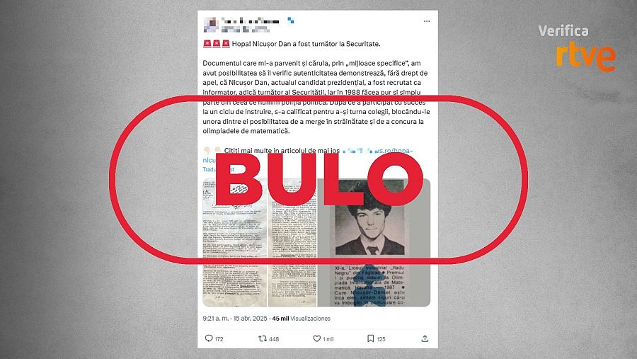 Mensaje que difunde el bulo de que Nicusor Dan trabajó para la policía secreta de Rumanía