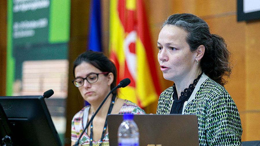 Beatriz Fernández, directora de Arrels, durante una ponencia sobre la aporofobia