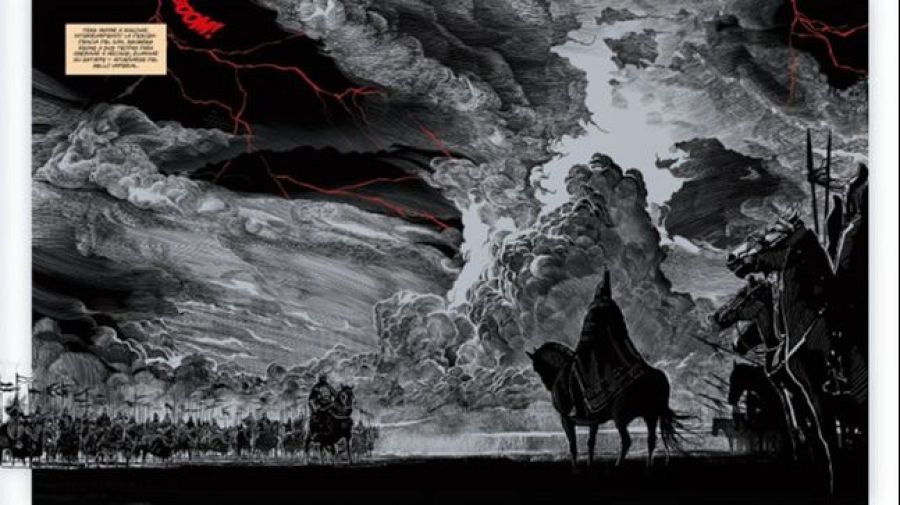 Viñeta de cómic en blanco y negro con tres jinetes y un ejército a caballo al fondo, bajo un cielo tormentoso con relámpagos.  Recuadro de texto en la esquina superior izquierda.