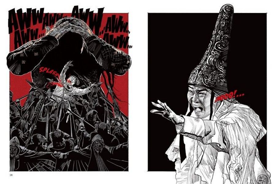 Escenas de cómic en blanco y negro con onomatopeyas como 