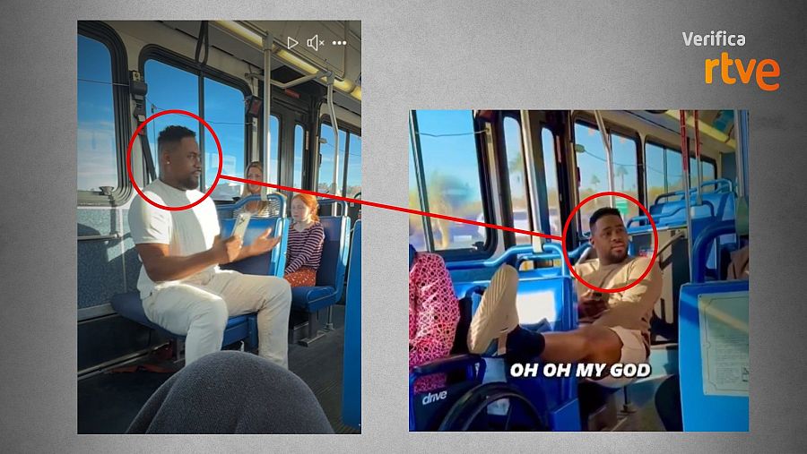 Comparación de dos fotos de un hombre en un autobús: leyendo un libro y luego mirando su móvil.  
