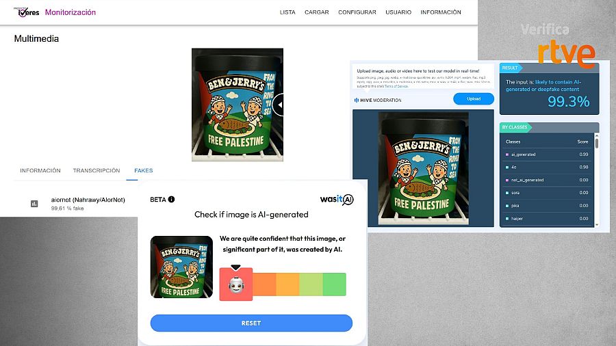 Resultados de tres herramientas de detección de IA con la foto de la tarrina de Ben & Jerry's
