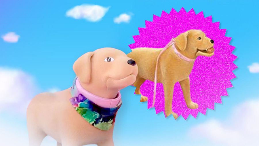 Dos figuras de perros beige, una con pañuelo multicolor y otra con correa rosa, sobre fondos de cielo azul y estrella rosa.