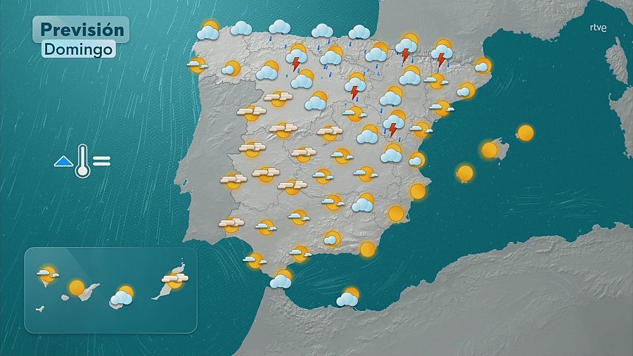 Mapa con la previsión meteorológica en la Península, Baleares y Canarias para el domingo
